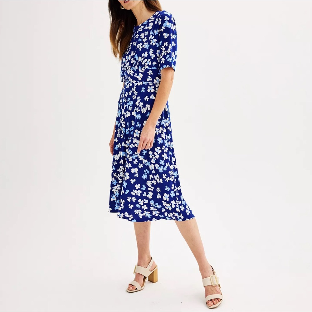 London Times 10 Blue, White Floral High Waisted Midi Dress